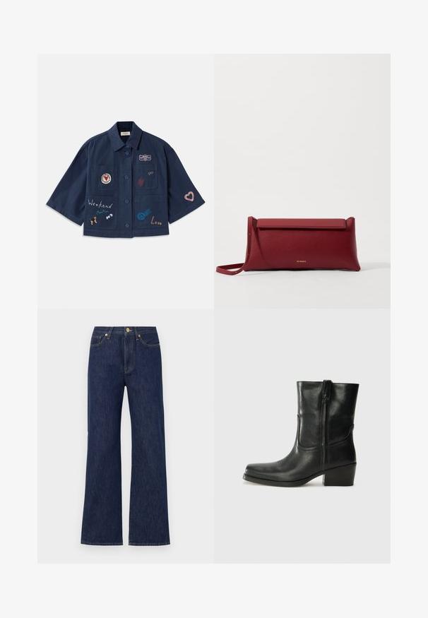 Tamsiai mėlyna trumpomis rankovėmis marškinėliai su mygtukų uždarymu, puošti įvairiomis siuvinėtomis pleistrais, įskaitant širdeles ir užrašus. Marškinėliai turi krūtinės ir šonines kišenes.; Balta trumpų rankovių bliuskutė su mėlynais gėlėmis siuvinėjimais, apvaliu dekoltė ir sudėtingais raštais priekyje ir rankovėse.; Tamsiai mėlynos plačios kojų džinsai, pagaminti iš džinsinio audinio. Yra sagos uždarymas, priekiniai kišeniai ir kontrastingi siūlai. Švarus, klasikinis dizainas.; Juodi odiniai aulinukai iki kulkšnies su apvali nosimi, blokuotais kulnais, šonine užtrauktuku ir siuvimo akcentais ant viršutinės dalies. Lygi tekstūra, klasikinis dizainas.; Raudona odinė rankinė su tekstūruotu paviršiumi, turinti plokščią užlenkiamą viršų ir trumpą dirželį. Subtilus prekės ženklo logotipas priekyje.