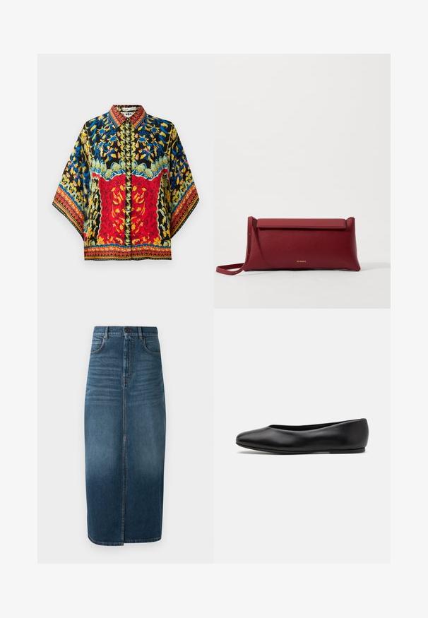 Granatowa koszula z krótkim rękawem z zapięciem na guziki, z różnymi wyhaftowanymi naszywkami, w tym sercami i tekstem. Zawiera kieszenie na piersi i z boku.; Kolorowa jedwabna bluzka z czarnym tłem, czerwoną i niebieską wzorem kwiatowym, z kołnierzykiem oraz szerokimi rękawami z misternymi brzegami.; Denimowa spódnica midi w ciemnym indygo, z przodu rozcięcie i drobnym wypłowieniem. Klasyczny design z pięcioma kieszeniami oraz metalowym zapięciem.; Paul Smith TOPANGA czarny; Czerwona skórzana kopertówka o teksturowanym wykończeniu, z płaskim złożonym wierzchem i krótkim paskiem. Subtelne logo marki z przodu.