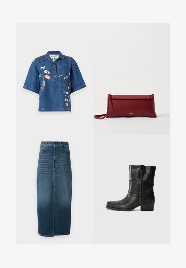 Cămașă bleu marin cu mânecă scurtă și închidere cu nasturi, având diverse broderii pe patch-uri, inclusiv inimi și text. Include buzunare pe piept și pe laterale.; Cămașă din denim cu mânecă scurtă și guler; prezintă broderie florală în nuanțe de roz, albastru și alb; include un buzunar pe piept și detalii cu butoane.; Fustă midi din denim de culoare indigo închis, cu o fante în față și un ușor efect de decolorare. Design clasic cu cinci buzunare și încheiere cu buton metalic.; Botine din piele neagră, cu vârf rotund, toc pătrat, fermoar pe lateral și accente de cusături pe partea superioară. Textură netedă, design clasic.; Geantă de mână roșie din piele cu o textură rafinată, având un capac plat pliat și o curea scurtă. Logo-ul subtil al mărcii pe față.