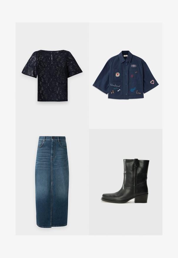 Ναυτικό μπλε κοντομάνικο πουκάμισο με κουμπί, που διαθέτει διάφορες κεντητές παραλλαγές, συμπεριλαμβανομένων καρδιών και κειμένων. Περιλαμβάνει τσέπες στο στήθος και στα πλάγια.; Ναυτικό τοπ από δαντέλα με κοντά μανίκια, στρογγυλή λαιμόκοψη και κουμπί στο πίσω μέρος. Πολύπλοκο σχέδιο paisley σε όλη την επιφάνεια.; Μίντι φούστα από τζιν σε σκούρο indigo, με εμπρόσθιο άνοιγμα και ελαφριά φθορά. Κλασικός σχεδιασμός πέντε τσεπών με κλείσιμο από μεταλλικό κουμπί.; Μαύρη δερμάτινη μπότες αστραγάλου με στρογγυλή μύτη, τετράγωνη φτέρνα, πλαϊνό φερμουάρ και ραφές στη μύτη. Ομαλή υφή, κλασικός σχεδιασμός.