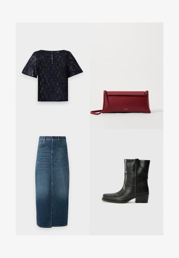 Cămașă bleu marin cu mânecă scurtă și închidere cu nasturi, având diverse broderii pe patch-uri, inclusiv inimi și text. Include buzunare pe piept și pe laterale.; Top din dantelă bleumarin, cu mâneci scurte, decolteu rotund și închidere cu nasture la spate. Model complex paisley pe toată suprafața.; Fustă midi din denim de culoare indigo închis, cu o fante în față și un ușor efect de decolorare. Design clasic cu cinci buzunare și încheiere cu buton metalic.; Botine din piele neagră, cu vârf rotund, toc pătrat, fermoar pe lateral și accente de cusături pe partea superioară. Textură netedă, design clasic.; Geantă de mână roșie din piele cu o textură rafinată, având un capac plat pliat și o curea scurtă. Logo-ul subtil al mărcii pe față.