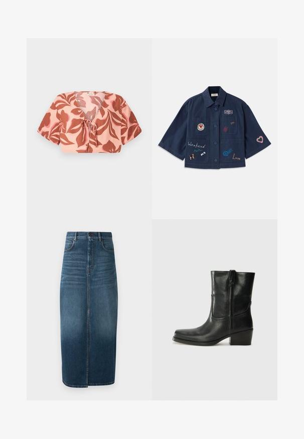 Camicia a maniche corte blu navy con chiusura a bottoni, decorata con vari ricami, tra cui cuori e testo. Include tasche sul petto e ai lati.; Top accorciato in tessuto rosa pastello con motivo floreale in ruggine e rosa chiaro, legato frontalmente, con maniche corte e scollatura a V.; Gonna midi in denim di colore indaco scuro, con spacco frontale e una leggera sfumatura. Design classico a cinque tasche con chiusura a bottone in metallo.; Stivale ankle in pelle nera con punta arrotondata, tacco a blocco, cerniera laterale e dettagli in cucitura sulla tomaia. Texture liscia, design classico.