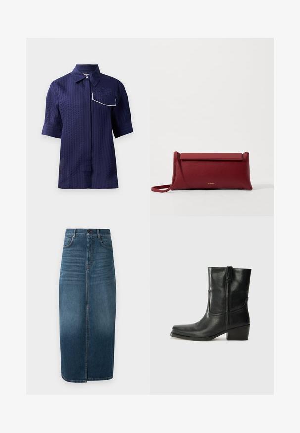 Cămașă bleu marin cu mânecă scurtă și închidere cu nasturi, având diverse broderii pe patch-uri, inclusiv inimi și text. Include buzunare pe piept și pe laterale.; Cămașă marină cu mânecă scurtă, cu un model texturat, design cu guler și un buzunar cu margine albă pe partea stângă. Material ușor.; Fustă midi din denim de culoare indigo închis, cu o fante în față și un ușor efect de decolorare. Design clasic cu cinci buzunare și încheiere cu buton metalic.; Botine din piele neagră, cu vârf rotund, toc pătrat, fermoar pe lateral și accente de cusături pe partea superioară. Textură netedă, design clasic.; Geantă de mână roșie din piele cu o textură rafinată, având un capac plat pliat și o curea scurtă. Logo-ul subtil al mărcii pe față.