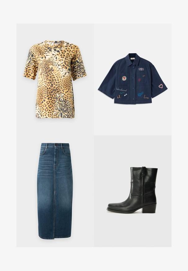 Mørkeblå kortærmet skjorte med knaplukning, udstyret med forskellige broderede patches, herunder hjerter og tekst. Inkluderer bryst- og sidelommer.; Bluse med leopardprint og korte ærmer har en rund hals, blødt stof og en løs pasform, som fremviser forskellige nuancer af brune og sorte mønstre.; Denim midi nederdel i mørk indigo med en forkant split og let falming. Klassisk fem-lomme design med metal knaplukning.; Sort læder ankelstøvle med rundt tå, blokhæl, lynlås i siden og stikninger på vampsiden. Glat tekstur, klassisk design.