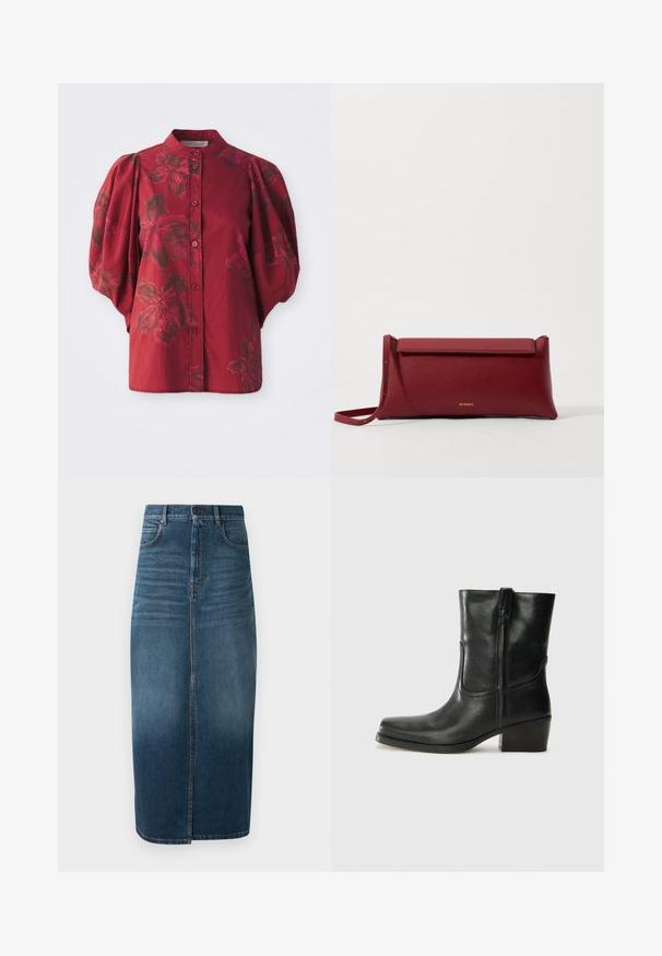 Námořnická modrá košile s krátkým rukávem a knoflíkovým zapínáním, zdobená různými výšivkami, včetně srdcí a textu. Obsahuje náprsní a boční kapsy.; Burgundská blůza s kulatým límcem, knoflíkovým zapínáním a nabíranými rukávy. Má květinový vzor v tmavších odstínech a měkkou bavlněnou strukturu.; Denim midi sukně v tmavě indigo, s předním rozparkem a mírným vyblednutím. Klasický design s pěti kapsami a kovovým zapínáním na knoflík.; Černá kožená kotníková bota s kulatou špičkou, blokovým podpatkem, bočním zipem a prošíváním na svršku. Hladký povrch, klasický design.; Červená kožená kabelka na ruku s texturovaným povrchem, s plochým sklápěcím vrchem a krátkým popruhem. Jemné logo značky vepředu.