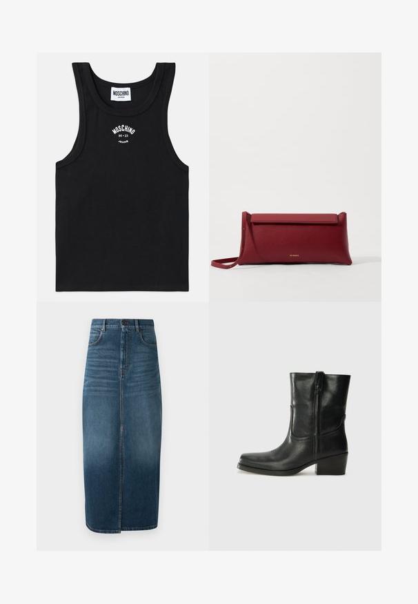 Navy blue short-sleeve shirt with button closure, featuring various embroidered patches, including hearts and text. Includes chest and side pockets.; Black ribbed tank top with a round neckline. Features white embroidered logo "MOSCHINO Jeans 86 23" centered on the chest. Smooth texture.; Denim midi skirt in dark indigo, featuring a front split and slight fade. Classic five-pocket design with metal button closure.; Black leather ankle boot with a rounded toe, block heel, side zipper, and stitching accents on the vamp. Smooth texture, classic design.; Red leather clutch bag with a textured finish, featuring a flat fold-over top and a short strap. Subtle brand logo on the front.