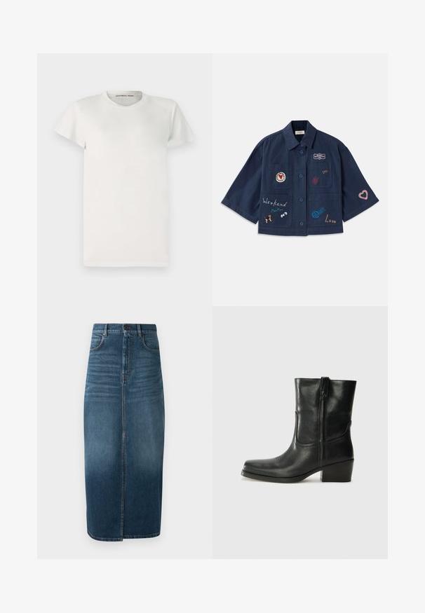 Tumedate särk, lühikeste varrukatega ja nööpide sulgemisega, mille peal on erinevad tikandid, sealhulgas südamed ja tekst. Sisaldab rinna- ja küljetaskut.; Valge lühikeste varrukatega T-särk, mis on valmistatud puuvillast, ümarate kaelus ja lihtne lõige. Sildi all kaeluses on "DESIGNERS REMIX".; Tumedast indigo denim midi seelik, millel on ees jagu ja kerge pleekimine. Klassikaline viie taskuga disain koos metallist nööbi sulgemisega.; Musta nahast pahkluu saabas ümarate varvastega, plokknäppu, külgsepa ja pealsetel õmblusest aktsentidega. Sile tekstuur, klassikaline disain.