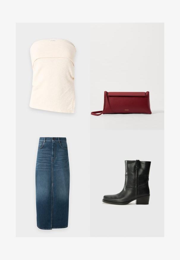 Mørkeblå kortærmet skjorte med knaplukning, udstyret med forskellige broderede patches, herunder hjerter og tekst. Inkluderer bryst- og sidelommer.; Lys beige stropløs top i struktureret stof, med et flettet design ved halsudskæringen og en løs pasform. Ingen lukninger eller yderligere detaljer.; Denim midi nederdel i mørk indigo med en forkant split og let falming. Klassisk fem-lomme design med metal knaplukning.; Sort læder ankelstøvle med rundt tå, blokhæl, lynlås i siden og stikninger på vampsiden. Glat tekstur, klassisk design.; Rød læder clutchtaske med tekstureret overflade, der har et fladt fold-over top og en kort rem. Diskret logo på fronten.