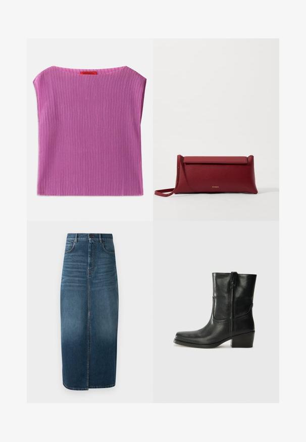 Tumši zila īsām piedurknēm krekls ar pogu aizdari, rotāts ar dažādiem izšūtiem plāksteriem, tostarp sirsniņām un tekstu. Satur krūšu un sānu kabatas.; Gaišas rozā teksturēta bez piedurknēm topiņš ar apaļu kakla izgriezumu un vertikālu ribotu rakstu. Aizmugurē redzams nosaukums ar zīmola logo.; Tumši indigo džinsu midi svārki ar priekšējo šķēlumu un vieglu izbalējumu. Klasicks piecu kabatu dizains ar metāla pogas aizdari.; Melna ādas potīte ar noapaļotu purngalu, bloku papēdi, sānu rāvējslēdzēju un šuvju akcentiem uz virsmas. Gluda tekstūra, klasiskā dizaina.; Sarkans ādas klasisks maciņš ar teksturētu virsmu, ar plakanu salokāmu augšpusi un īsu siksniņu. Uz priekšpuses ir smalks zīmola logo.