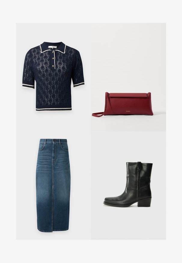 Tumši zila īsām piedurknēm krekls ar pogu aizdari, rotāts ar dažādiem izšūtiem plāksteriem, tostarp sirsniņām un tekstu. Satur krūšu un sānu kabatas.; Jūras spēku adīts polo džemperis ar mežģīņu rakstu, īsām piedurknēm, apkakles kaklu un trim zelta pogām, ar baltām svītrojuma akcentiem.; Balts īsajām piedurknēm blouse ar zilu ziedu izšuvumu, apaļu kakla izgriezumu un sarežģītiem rakstiem pa priekšu un piedurknēm.; Tumši indigo džinsu midi svārki ar priekšējo šķēlumu un vieglu izbalējumu. Klasicks piecu kabatu dizains ar metāla pogas aizdari.; Melna ādas potīte ar noapaļotu purngalu, bloku papēdi, sānu rāvējslēdzēju un šuvju akcentiem uz virsmas. Gluda tekstūra, klasiskā dizaina.; Sarkans ādas klasisks maciņš ar teksturētu virsmu, ar plakanu salokāmu augšpusi un īsu siksniņu. Uz priekšpuses ir smalks zīmola logo.