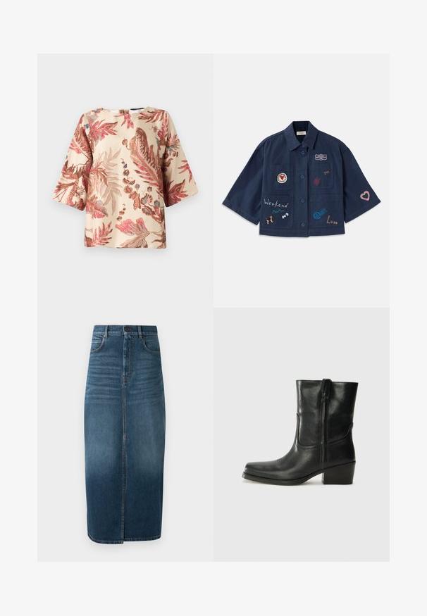 Marineblauwe overhemd met korte mouwen en knoopsluiting, ingericht met verschillende geborduurde patches, waaronder harten en tekst. Inclusief borst- en zijzakken.; Bloemmotief blouse in licht beige, met roze en bruine bladdesigns, korte mouwen en een ronde hals met een sluiting aan de achterkant.; Denim midi-rok in donker indigo, met een voorkeursplit en een lichte vervaging. Klassiek vijf-pocket ontwerp met metalen knoopsluiting.; Zwarte leren enkellaars met een ronde neus, blokhak, zijrits en stikselaccenten op de wreef. Gladde textuur, klassiek ontwerp.