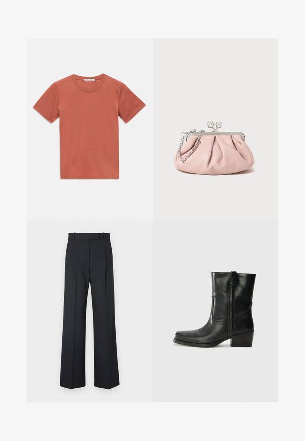 Tumedate särk, lühikeste varrukatega ja nööpide sulgemisega, mille peal on erinevad tikandid, sealhulgas südamed ja tekst. Sisaldab rinna- ja küljetaskut.; Lühikeste varrukatega, ümar kaelusega t-särk, mahedas terrakota värvitoonis, lamab tasasele valgele taustale, kaelas inside on väike brändi etikett.; Tumed sinise triibuga püksid, kõrge vöökoht, laiad jalad ning ilma nähtavate metalldetailide või kaunistusteta. Sile tekstuur ja täpselt istuv lõige.; Musta nahast pahkluu saabas ümarate varvastega, plokknäppu, külgsepa ja pealsetel õmblusest aktsentidega. Sile tekstuur, klassikaline disain.; Roosa nahast käsikott voolava disainiga, metallraam, kaks ümmargust klambrit ja hõbedane kett. Sile tekstuur, kompaktne kuju.