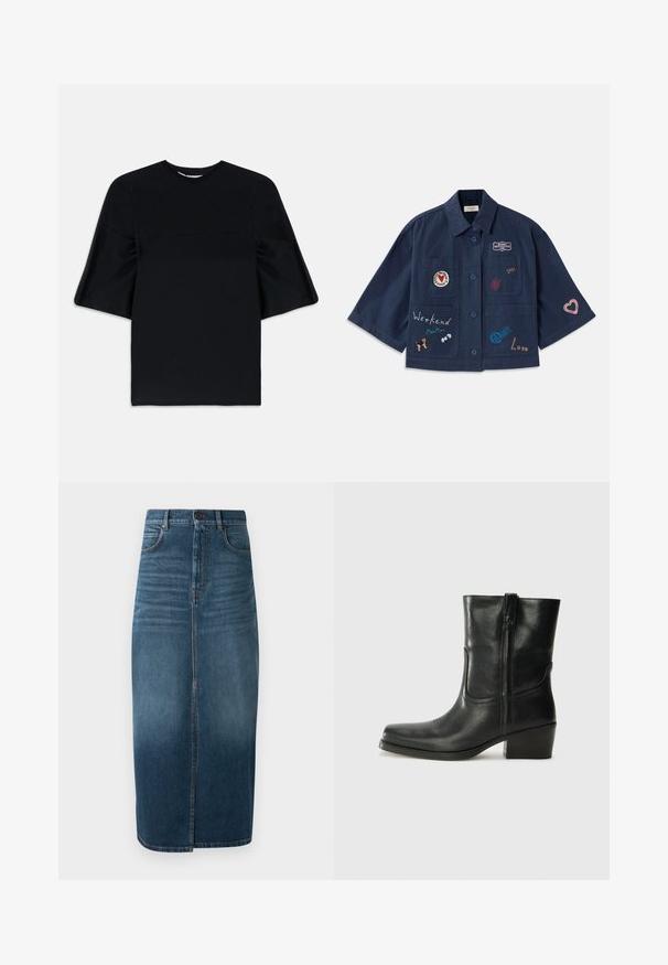 Mørkeblå kortærmet skjorte med knaplukning, udstyret med forskellige broderede patches, herunder hjerter og tekst. Inkluderer bryst- og sidelommer.; Sort kortærmet top med brede, udbredte ærmer og rund udskæring, præsenteret på en hvid baggrund.; Denim midi nederdel i mørk indigo med en forkant split og let falming. Klassisk fem-lomme design med metal knaplukning.; Sort læder ankelstøvle med rundt tå, blokhæl, lynlås i siden og stikninger på vampsiden. Glat tekstur, klassisk design.