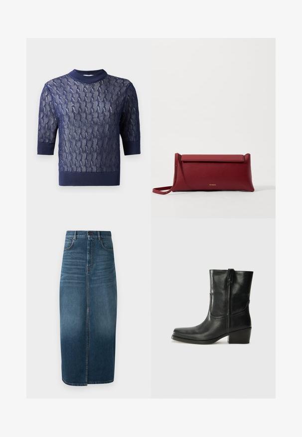 Tumedate särk, lühikeste varrukatega ja nööpide sulgemisega, mille peal on erinevad tikandid, sealhulgas südamed ja tekst. Sisaldab rinna- ja küljetaskut.; Tumesinine kootud sviiter, lühikeste varrukatega, millel on tekstuuriga avatud kudumise muster ning ribakrae ja -äär. Kerge ja hingav disain.; Tumedast indigo denim midi seelik, millel on ees jagu ja kerge pleekimine. Klassikaline viie taskuga disain koos metallist nööbi sulgemisega.; Musta nahast pahkluu saabas ümarate varvastega, plokknäppu, külgsepa ja pealsetel õmblusest aktsentidega. Sile tekstuur, klassikaline disain.; Punane nahkne käekott tekstuuriga viimistlusega, millel on lame voltimisosa ja lühike rihm. Pehme brändi logo ees.