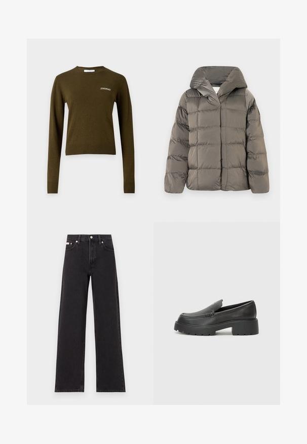Grijze gewatteerde pufferjack met grote capuchon en drukknopen aan de voorkant, weergegeven tegen een effen witte achtergrond.; Olijfgroene, longsleeve trui met een geribbelde ronde hals en zoom. Voorzien van subtiele witte "2ND DAY" borduursels op de borst. Zachte textuur.; Zwarte wijde spijkerbroeken van denim, met een hoge taille, vijf-pocket stijl en een metalen knoopsluiting met contrasterende stiksels.; Zwarte leren instappers met een ronde neus, dikke getextureerde zool en minimale stikseldetails. Strak ontwerp zonder zichtbare veters of hardware.