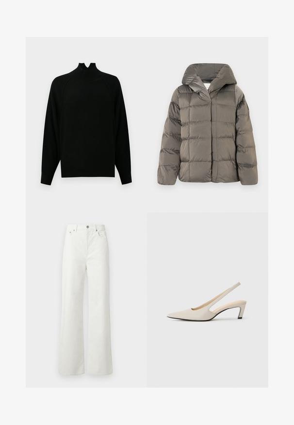 Halli hallitatud puffer-jakk suure kapuutsiga ja ees olevate nööbiga kinnitustega, eksponeeritud lihtsa valge taustaga.; Mustmust ja pikkade varrukatega must särk, millel on ribakujuline tekstuur ja lõdvem lõige. Omab ainulaadset lõigatud disaini kaeluses.; Samsøe Samsøe SHELLY - Avar lõikega teksad - clear cream; Beige nahkast terava ninaga slingback kingad, millel on lõikekujundus, 5 cm plokknõlv ja sile tekstuur. Musta talla aktsendid.