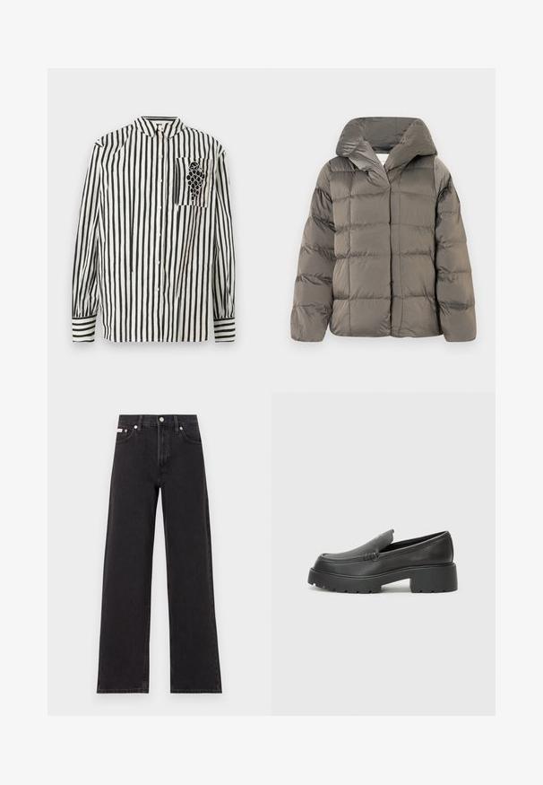 Grau gesteppte Pufferjacke mit großer Kapuze und Druckknopfverschluss vorne, vor einem schlichten weißen Hintergrund präsentiert.; Schwarz-weiß gestreifte Hemd mit Button-Down-Kragen, langen Ärmeln und einer linken Brusttasche mit einem Traubendesign. Aus Baumwollmaterial.; Schwarze weit geschnittene Jeans aus Denim mit einem hoch sitzenden Bund, fünf Taschen und einem Metallknopfverschluss mit kontrastierendem Nähte.; Schwarze Lederloafer mit einer abgerundeten Spitze, dicker strukturierten Laufsohle und minimalen Nähten. Schlankes Design ohne sichtbare Schnürsenkel oder Beschläge.