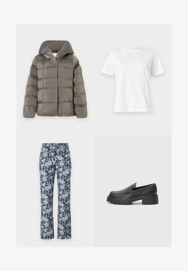 Chaqueta de plumón acolchada gris con gran capucha y cierre delantero a presión, exhibida sobre un fondo blanco liso.; Camiseta de algodón blanca de manga corta, con cuello redondo y un corte relajado. Textura suave, sin patrones ni acentos, diseño minimalista.; Jeans con estampado floral que presentan un fondo azul marino oscuro con flores de color azul claro. Fabricados en denim, con un diseño de pierna recta y estilo de cinco bolsillos.; Mocasines de piel negra con punta redondeada, suela texturizada gruesa y mínimos detalles de costura. Diseño elegante sin cordones o herrajes visibles.