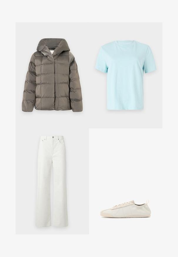 Chaqueta de plumón acolchada gris con gran capucha y cierre delantero a presión, exhibida sobre un fondo blanco liso.; Camiseta de algodón azul claro con mangas cortas, cuello redondo y sutil logo bordado de 'Calvin Klein' en la parte delantera.; Samsøe Samsøe SHELLY - Vaqueros boyfriend - clear cream; Zapatillas de cuero crema con puntera redondeada, diseño de cordones, acentos texturizados y suela de goma texturizada con patrón de tracción en zigzag.