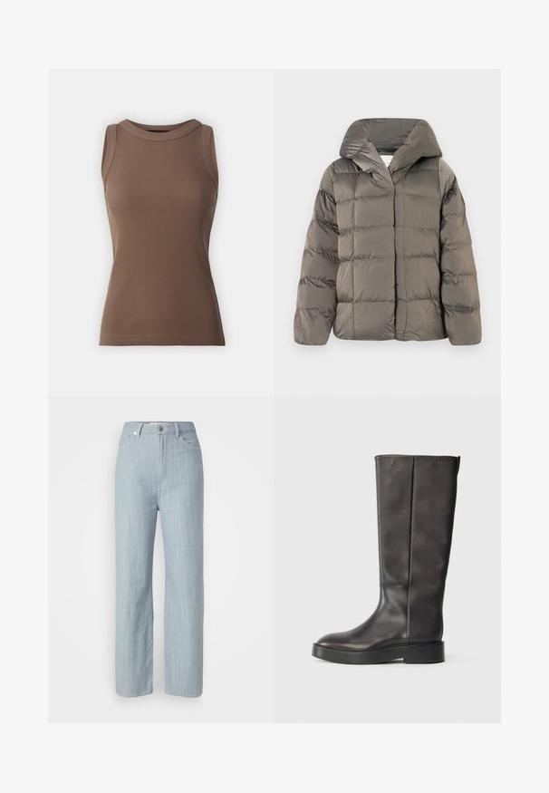 Casaco acolchoado cinza com capuz grande e fecho de pressão na frente, exibido contra um fundo branco liso.; DRYKORN OLINA - Top - brown; Calças de ganga azul-claro de perna reta. Apresentam cinco bolsos, fecho com botão metálico e um leve efeito de desgaste para adicionar textura.; Bota de couro preta até o joelho com sola grossa e logo discreto da Calvin Klein próximo à borda superior, vista de lado.