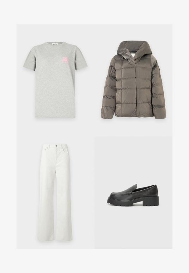 Pilkas išklotas pūkinis džemperis su dideliu gobtuvu ir priekiniais spaustukais, pavaizduotas ant vienodo balto fono.; Pilkas medvilninis marškinėlis su apvaliu iškirpimu, trumpomis rankovėmis ir rožine grafika, vaizduojančia arką su saulės spinduliais kairėje krūtinės pusėje.; Samsøe Samsøe SHELLY - Laisvo kirpimo džinsai - clear cream; Juodi odiniai loaferiai su apvaliu pirštu, storu tekstūruotu padu ir minimaliu siūlių dekoru. Išskirtinis dizainas be matomų raištelių ar furnitūros.