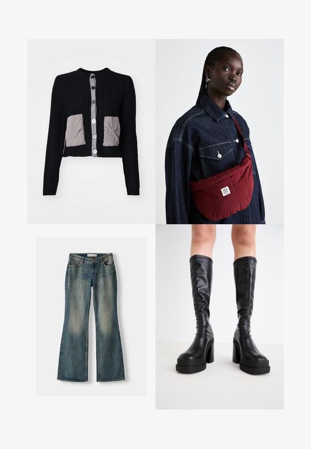 Tmavě modrá džínová bunda s dvěma náprsními kapsami, stříbrnými knoflíky, špičatým límcem a dlouhými rukávy se zúženými manžetami. Měkká textura.; Černý zkrácený cardigan s žebrovanou strukturou, šedými látkovými záplatami a velkými bílými knoflíky na přední straně. Kulatý výstřih a dlouhé rukávy.; Bílý top s odhalenými rameny, s volánkovými detaily, nařasenou texturou a elastickým pasem. Vyrobeno z měkké bavlněné tkaniny.; Modré zvonové džíny se zesvětleným práním, pěti kapsami a zapínáním na knoflík. Materiál vykazuje denimovou strukturu s jemnými detaily šití.; Černé kozačky do půli lýtek vyrobené z hladké kůže, s robustní platformou a širokým podpatkem, se šitím podél okrajů.; Burgundská prošívaná kabelka s obdélníkovým tvarem, s logem, nošená přes tmavě modrou džínovou bundu s dvěma předními kapsami.