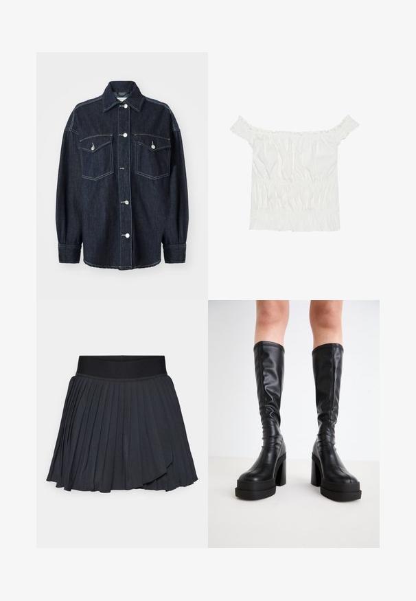 Tamno plava traper jakna s dva džepa na prsima, srebrnim gumbima, oštrim ovratnikom i dugim rukavima sa suženim manžetama. Mekana tekstura.; Bijela bluzica bez naramenica s volanima, naboranom teksturom i elastičnom gumicom u struku. Izrađena od mekanog pamučnog materijala.; Crna plisirana suknja s širokim elastičnim pojasom, izrađena od glatkog materijala s suptilnim sjajem, dužine do koljena s višeslojnim dizajnom.; Crne čizme do koljena od glatke kože, s debelim platformom i blok petom, s prošivenim detaljima duž rubova.