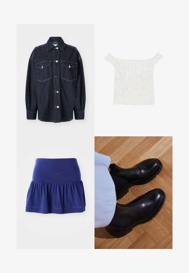 Mørkeblå denimjakke med to brystlommer, sølvfargede knapper, spiss krage og lange ermer med smale mansjetter. Myk tekstur.; Hvit av-shoulder topp med volanger, samlet tekstur og elastisk midje. Laget av myk bomull.; Mørkeblå jersey skjørt med rynket bunn, elastisk midje og dekorativ brodert trim langs kanten. Myk, lett stoff.; Sorte ankelstøvler laget av glatt skinn med elastiske sidepaneler, en teksturert gummisåle og kontrastsøm langs kanten.
