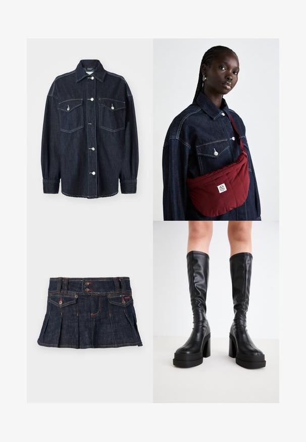 Sötétkék farmerdzseki, két mellzsebbel, ezüstgombokkal, hegyes gallérral és hosszú, szűkített ujjal. Puha tapintású.; Fehér, váll nélküli felső fodros díszítéssel, redőzött textúrával és rugalmas derékkal. Puha pamutanyagból készült.; BDG Urban Outfitters ROSE POCKETED KILT - Miniszoknya - blue; Fekete, térdig érő csizmák sima bőrből, vastag platformmal és tömbsarkakkal, az élek mentén varrott díszítéssel.; Bordó steppelt válltáska téglalap alakú, logóval ellátott folttal, sötét farmerdzseki felett hordva, amelyen két elülső zseb található.