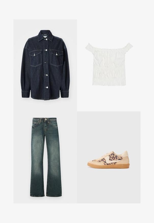 Tamsiai mėlynas džinsinis švarkas su dviem krūtinės kišenėmis, sidabriniais mygtukais, smailiu apykakle ir ilgomis rankovėmis su siaurėjančiais rankogaliais. Minkšta tekstūra.; Balta be rankovių viršutinė dalis su raukšlėmis, susiraukšlėjusiu paviršiumi ir elastingu juosmeniu. Pagaminta iš minkštos medvilnės medžiagos.; Uniseksiniai plačiomis kojomis džinsai tamsiai mėlynos spalvos džinso audinio su išblukusiomis detalėmis, su klasikiniu sagos užsegimu ir priekinėmis kišenėmis.; Leopardų rašto sportiniai batai su smėlio spalvos zomšiniu viršumi, rusvu guminiu padu ir baltais akcentais. Apvalus nosis ir raištelių užsegimas su tekstūruotu paviršiumi.