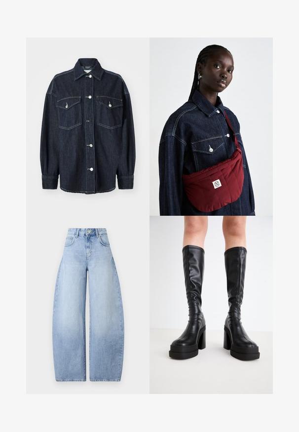 Dark blue denim jacket with two chest pockets, silver buttons, a pointed collar, and long sleeves with tapered cuffs. Soft texture.; White off-the-shoulder top with ruffled accents, gathered texture, and an elasticized waistband. Made from soft cotton fabric.; Light blue, wide-leg jeans made of denim. High waist design with five pockets and a button closure. Clean finish with no visible patterns.; Black knee-high boots made of smooth leather, featuring a thick platform and block heel, with stitched detailing along the edges.; Burgundy quilted shoulder bag with a rectangular shape, featuring a logo patch, worn over a dark denim jacket with two front pockets.