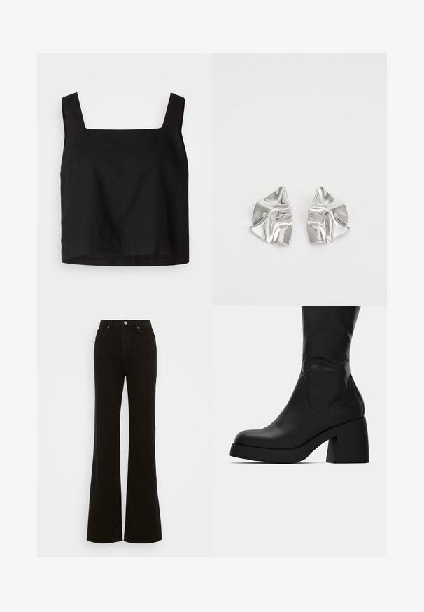 Juodas odinis švarkas su užtrauktuku priekyje, dviem priekinėm kišenėm su užtrauktukais, tekstūruotais pečių akcentais ir raukšlėmis ant rankogalių.; Juodas trumpas viršus su kvadrato formos iškirpte, pagamintas iš lininės medžiagos. Turi plačias petnešas ir šiek tiek laisvą siluetą su tiesiu apdaila.; Juodos džinsinės kelnės su aukštu liemeniu, platėjančios, turinčios mygtuko užsegimą, šonines kišenes ir lygų paviršių.; Juoda odinė aulinukė iki blauzdų su masyviu blokiniu kulnu ir apvaliu pirštu, rodoma šoniniame profilyje ant balto fono.; Sidabriniai metaliniai Auskarai su banginiu, skulptūriniu dizainu, pasižymintys poliruotu paviršiumi ir nereguliariomis formomis, išryškinančiomis šiuolaikišką estetiką.