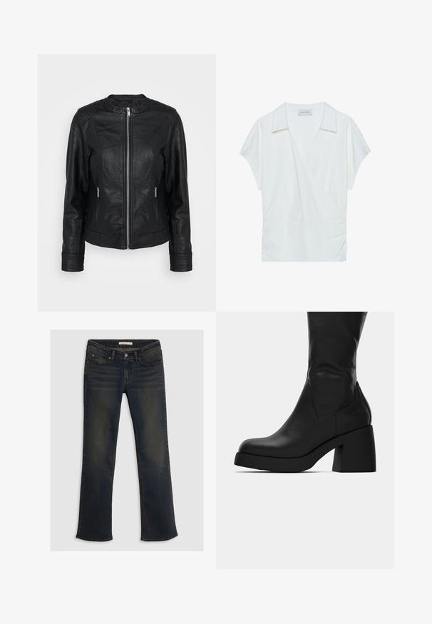 Black leather jacket featuring a zip front, two front pockets with zippers, textured shoulder accents, and ribbed sleeve cuffs.; White collared wrap blouse made from smooth fabric, featuring short sleeves and gathered detailing at the waist for a relaxed fit.; Dark blue denim jeans featuring a straight leg design, five pockets, and subtle fading details. Top button closure with belt loops.; Black mid-calf leather boot with chunky block heel and rounded toe, showing side profile on white background.