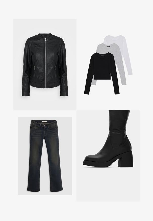 Black leather jacket featuring a zip front, two front pockets with zippers, textured shoulder accents, and ribbed sleeve cuffs.; Three long-sleeve tops stacked: black, grey, and white. Each has a round neckline and a cropped design with smooth, lightweight fabric.; Dark blue denim jeans featuring a straight leg design, five pockets, and subtle fading details. Top button closure with belt loops.; Black mid-calf leather boot with chunky block heel and rounded toe, showing side profile on white background.