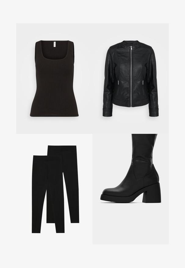 Black leather jacket featuring a zip front, two front pockets with zippers, textured shoulder accents, and ribbed sleeve cuffs.; Samsøe Samsøe AMANZA TANK - Top - black; Black leggings made of stretchy fabric, featuring a seamless waistband and a slim fit design, suitable for casual wear or exercise.; Black mid-calf leather boot with chunky block heel and rounded toe, showing side profile on white background.
