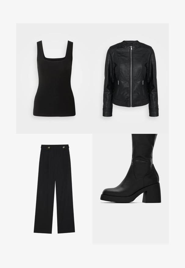 Črna usnjena jakna z zadrgo spredaj, dvema sprednjima žepoma z zadrgo, teksturiranimi ramenskimi akcenti in rebrastimi manšetami na rokavih.; Črna brezrokavnica s kvadratnim izrezom, izdelana iz gladkega materiala; prilegajoča se zasnova brez vzorcev ali okrasnih elementov.; Črne široke hlače s visokim pasom, gumbnimi detajli na pasu in sprednjimi gubami.; Črne usnjene škornje do meč s debelim blokastim petami in okroglo konico, prikazane s stranske strani na belem ozadju.