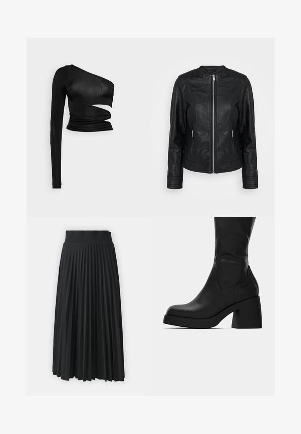 Giacca in pelle nera con zip frontale, due tasche frontali con cerniera, dettagli texturizzati sulle spalle e polsini a coste.; Top nero a maniche lunghe con un design asimmetrico e cut-out, dettagli arricciati e un tessuto morbido e elasticizzato.; Gonna nera a pieghe con una cintura larga, caratterizzata da pieghe verticali uniformi. Texture liscia con un design fluido.; Stivale in pelle nera a metà polpaccio con tacco largo e punta arrotondata, mostrato in profilo laterale su sfondo bianco.
