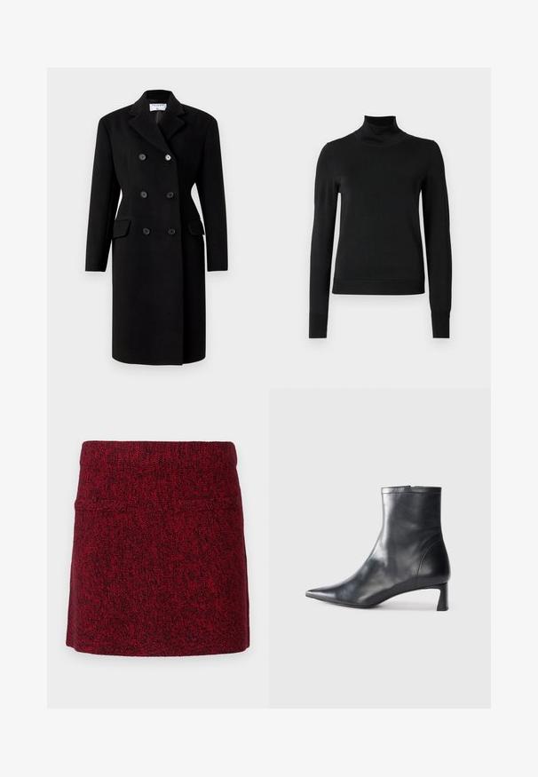 Black double-breasted coat with a structured collar, featuring two front pockets and button closures. Made from a wool blend fabric.; Black long-sleeve turtleneck sweater with ribbed cuffs and hem, displayed on a plain white background.; Red woolen skirt with a textured finish, featuring a high waistband and a simple, straight silhouette. No visible embellishments or patterns.; Black leather ankle boot with a pointed toe and a sleek design. Features a low heel and a zipper closure at the back. Smooth texture.