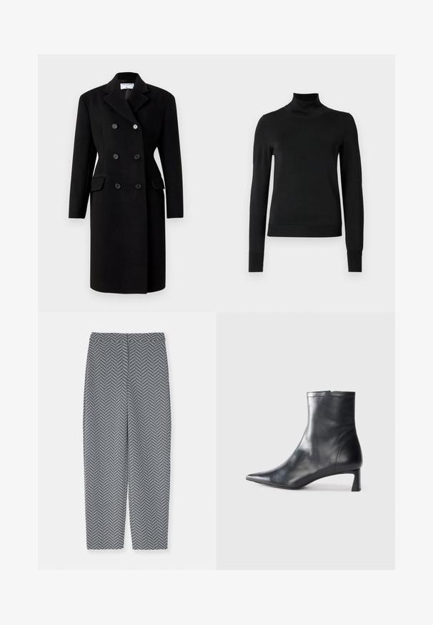 Juodas dvigubas paltas su struktūrizuotu apykakle, turintis dvi priekinės kišenes ir mygtukų užsegimus. Pagamintas iš vilnos mišinio.; Juoda ilgomis rankovėmis turtleneko tipo megztinis su rebruotomis rankovėmis ir apačia, eksponuojamas ant paprasto balto fono.; Emporio Armani PANTALONI - Kelnės - grey; Juodas odinis kulkšninis batas su smailiu pirštu ir elegantišku dizainu. Turi žemą kulną ir užtrauktuką gale. Lygi tekstūra.