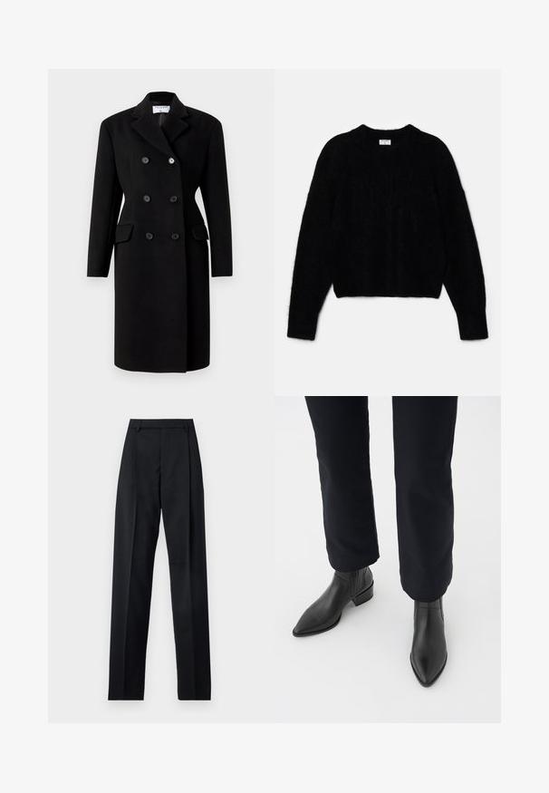 Casaco preto de duas fileiras de botões com colarinho estruturado, apresentando dois bolsos frontais e fecho por botões. Fabricado em tecido misto de lã.; Sweater preto cropped feito de material fofinho. Apresenta um decote redondo e mangas longas com uma textura suave. Design minimalista, sem padrões.; Calças pretas feitas de um tecido suave, com uma cintura alta, pernas largas, pregas frontais e passadores de cinto clássicos. Não há bolsos laterais visíveis.; Botas de tornozelo em couro preto com bico afunilado, salto bloco e painéis laterais texturizados, usadas com calças escuras em fundo branco.