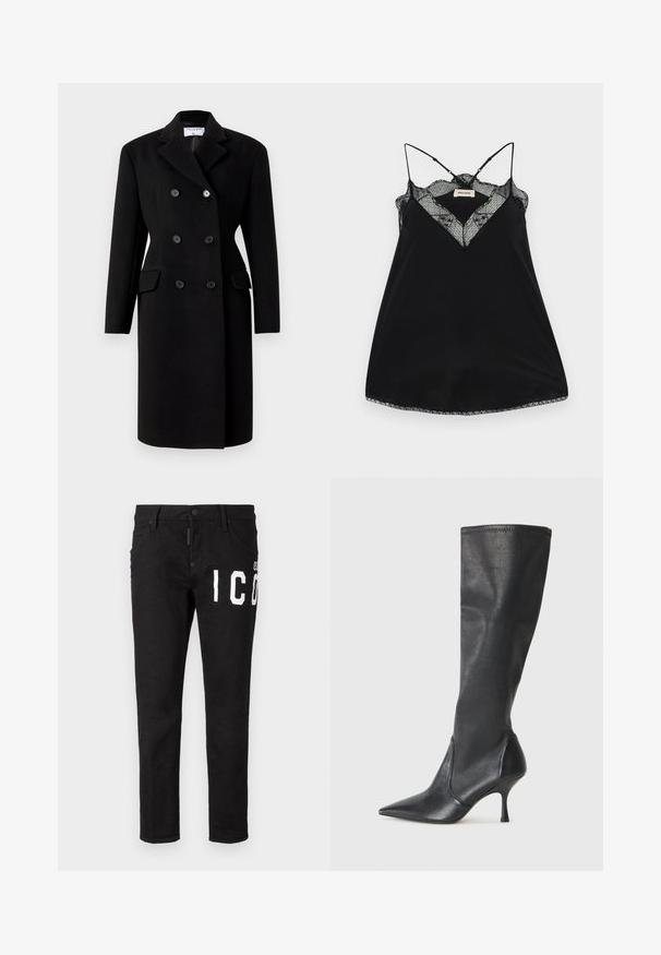 Black double-breasted coat with a structured collar, featuring two front pockets and button closures. Made from a wool blend fabric.; Black camisole with adjustable straps, featuring a lace plunge neckline and scalloped edges. Smooth fabric with a slight sheen.; Black denim jeans with a slim fit. Features white graphic text on the front, five pockets, and a button closure. Smooth texture.; Knee-high black leather boots with a pointed toe and a slim stiletto heel. Smooth texture with a fitted design and stitching at the top edge.