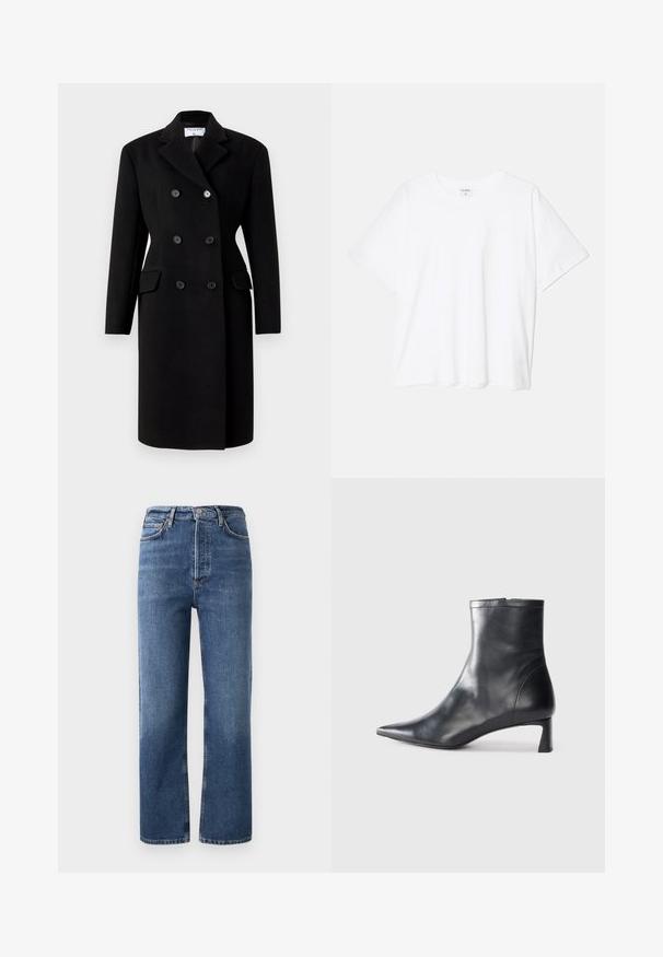 Black double-breasted coat with a structured collar, featuring two front pockets and button closures. Made from a wool blend fabric.; White cotton t-shirt with short sleeves, round neckline, relaxed fit, and stitched hem. Label visible on the inside neck.; High-waisted blue jeans made from denim, featuring a straight-leg cut, five pockets, and copper-tone hardware. Smooth texture and classic design.; Black leather ankle boot with a pointed toe and a sleek design. Features a low heel and a zipper closure at the back. Smooth texture.