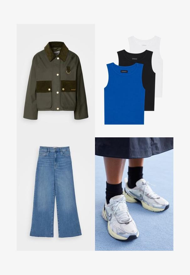 Olivově zelená bunda s kordurovým límcem a kapsami, s pozlacenými detaily a D-kroužkem. Strukturovaný, zkrácený design.; Tři bezramínkové trička v modré, černé a bílé barvě. Materiál je ribovaný s kulatým výstřihem. Každé tričko má štítek s nápisem „even&odd.“; FRAME PALAZZO RAW FRAY - Wide leg - clearwater; Bílé a stříbrné tenisky Nike z prodyšné tkaniny s reflexními akcenty a béžovou podrážkou. Nosené s černými ponožkami, stojící na modrém povrchu.