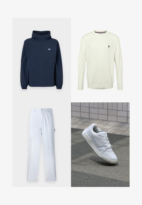 Tumesinine kapuutsiga jakk, millel on ees lukuga kinnitus, elastsed mansetid, küljetaskud ja väike ristkülikukujuline logo vasakul rinnal.; Valge soonikuga kaeluse ja varrukatega kampsun. Vasakul küljel on väike must tikand. Tekstuuriga kangast.; Heled sinised triibulised püksid, mis on valmistatud puuvillast. Sirge jala disain, esine nupuvajutusega kinniti ja küljetaskud. Pehme tekstuur.; Valge nahkne toss, millel on perforeeritud külgedega, tekstuuriga aktsendid, lame pael ja kontrastne hall konts. Omab veidi tõstetud tallat.