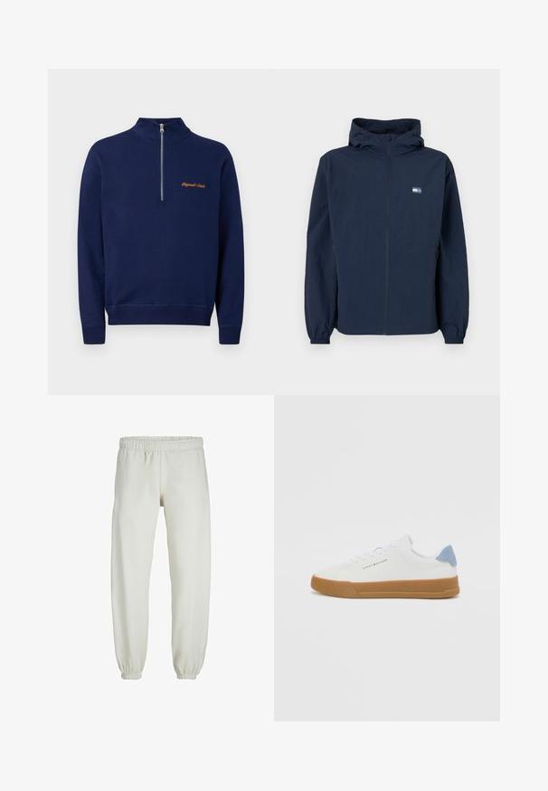 Giacca con cappuccio blu navy con zip frontale, polsini elastici, tasche laterali e piccolo logo rettangolare sul lato sinistro del petto.; Felpa blu navy con zip a quarto e la scritta "Originals Studio" ricamata in arancione sul petto.; Pantaloni tuta bianchi realizzati in tessuto morbido, dotati di vita e polsini elastici, con una texture liscia e una vestibilità ampia.; Sneaker bianche con un design testurizzato, accentuazione del tallone blu chiaro e suola in gomma marrone. Presentano un logo laterale e una stringatura classica.