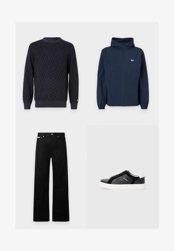 Tumesinine kapuutsiga jakk, millel on ees lukuga kinnitus, elastsed mansetid, küljetaskud ja väike ristkülikukujuline logo vasakul rinnal.; Tumesinine kootud sviiter, millel on teemantmuster, ümar kaelus, soonikkoes mansetid ja äär, ning vasakul varrukal väike kollane logo.; Mustadest denimist püksid laiade jalgadega, viie tasku ja metallist nööpidega. Sile tekstuur, nähtavad mustrid puuduvad.; Mustad mustad jalanõud läikiva nahaga ja sametiste paneelidega, valge tallaga ning mustade paeltega. Küljel on logo ja kontrastne kanddetail.