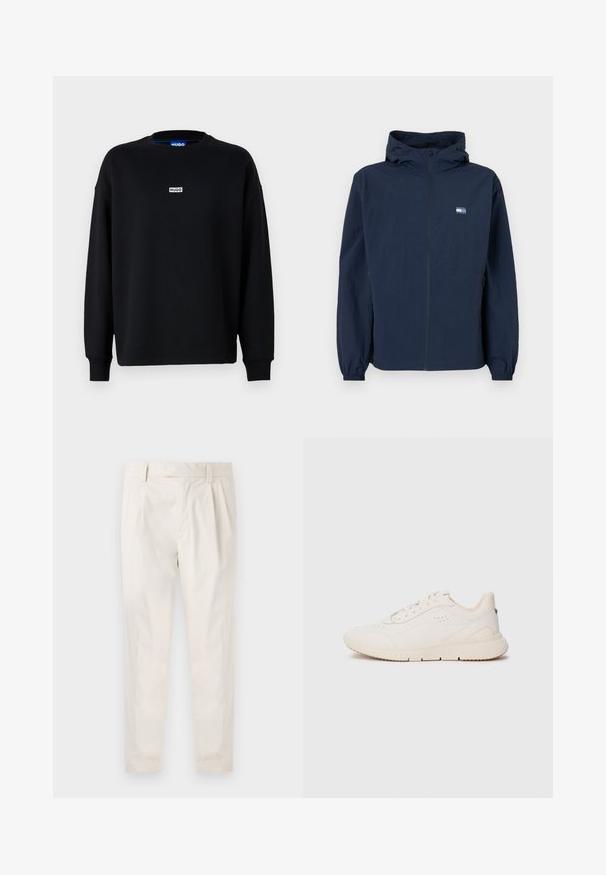 Námornícky modrá mikina s kapucňou, so zipsom na prednej strane, elastickými manžetami, bočnými vreckami a malým obdĺžnikovým logom na ľavej hrudi.; Čierna mikina vyrobená z bavlnenej zmesi, s dlhými rukávmi, okrúhlym výstrihom a malým bielym logom na hrudi.; Biele plisované nohavice s prispôsobeným strihom, s hladkou textúrou, pútkami na opasok a zúženými nohavicami. Žiadne viditeľné vrecká ani vzory.; Biele tenisky vyrobené z texturovaného materiálu, s hladkou podrážkou, šnurovaním vpredu a decentným logom na päte. Minimalistický dizajn.