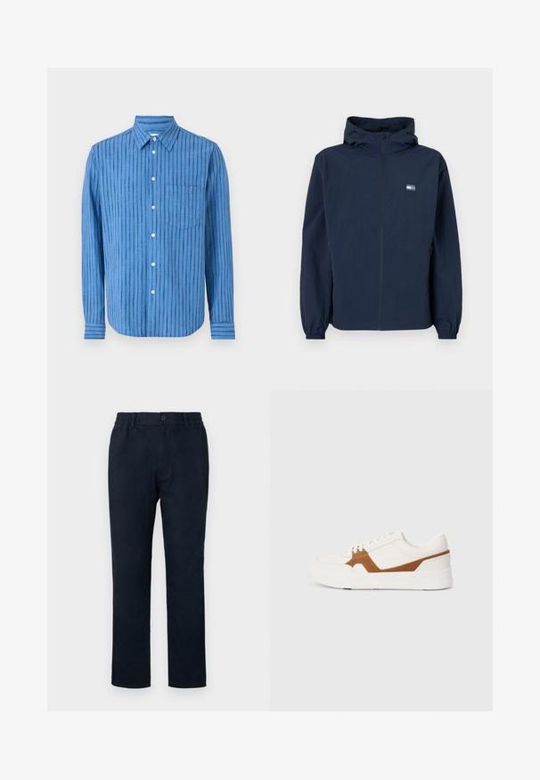 Μα navy μπλέ μπουφάν με κουκούλα, μπροστινό φερμουάρ, ελαστικούς καρπούς, πλευρικές τσέπες και μικρό ορθογώνιο λογότυπο στην αριστερή πλευρά του στήθους.; Μπλε μακρυμάνικη μπλούζα με οριζόντιες ρίγες. Διαθέτει κουμπωτή μπροστά, γιακά και τσέπη στο στήθος. Φτιαγμένη από υφασμάτινο ύφασμα.; Σκούρο μπλε chinos με ελαστική μέση, μπροστινή κουμπότρυπα και ίσια γραμμή. Λείος υφάνισμα χωρίς ορατά σχέδια.; Λευκό αθλητικό παπούτσι με καφέ σουέτ λεπτομέρειες, διαθέτοντας υφή, στρογγυλή μύτη, χοντρή σόλα και παραδοσιακό σχέδιο με κορδόνια.