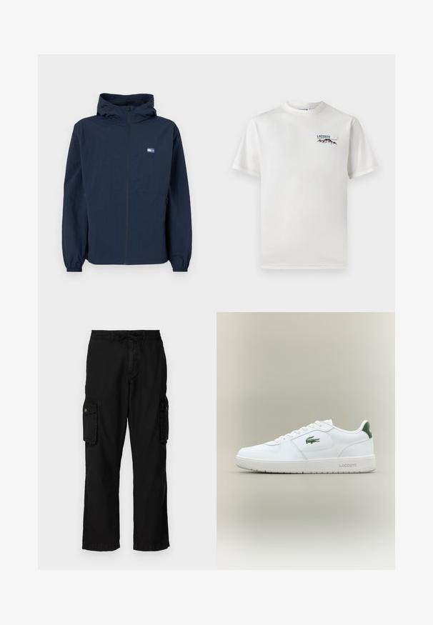 Námořnický modrý kabriolet s předním zipem, elastickými manžetami, postranními kapsami a malým obdélníkovým logem na levém prsu.; Bílá bavlněná tričko s kulatým výstřihem, krátkými rukávy a malým vyšitým logem zobrazujícím hory a text na levé straně hrudi.; Černé cargo kalhoty s uvolněným střihem, mají boční kapsy, elastický pas s tkaničkou a hladkou texturu látky.; Bílé kožené tenisky s hladkým povrchem, zelenými akcenty na patě a zeleným logem na boku. Mají plochou podrážku a kulatou špičku.