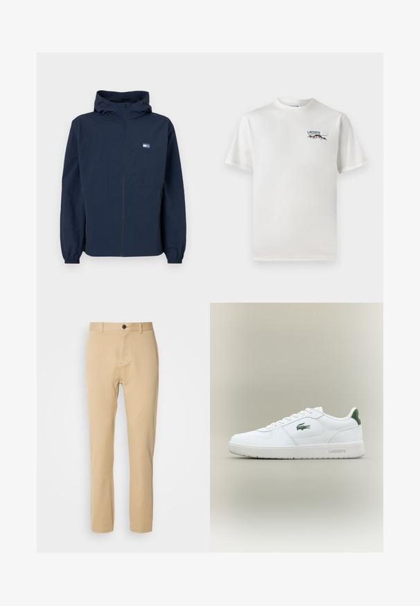 Navy blue hooded jacket with front zipper, elastic cuffs, side pockets, and small rectangular logo on left chest.; White cotton T-shirt with a round neckline, short sleeves, and a small embroidered logo featuring mountains and text on the left chest.; Beige chinos with a smooth cotton fabric, slim fit, flat front, belt loops, and a single button closure. Tailored design with subtle stitching.; White leather sneaker with a smooth finish, green accents on the heel, and a green logo on the side. Features a flat sole and round toe.
